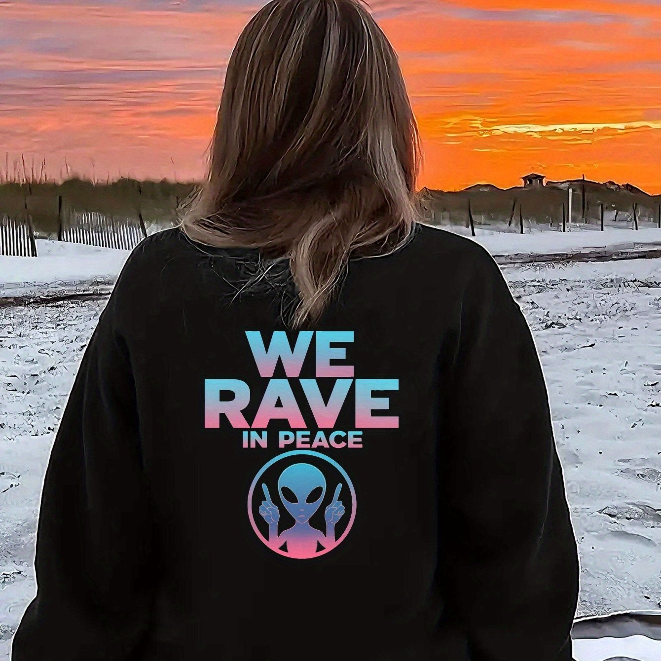 Women'S Casual Crew Neck Long Sleeve Sweatshirt, Polyester 100% Knit Fabric, Geometric Alien "WE RAVE in PEACE" Graphic, Fall/Winter Regular Length