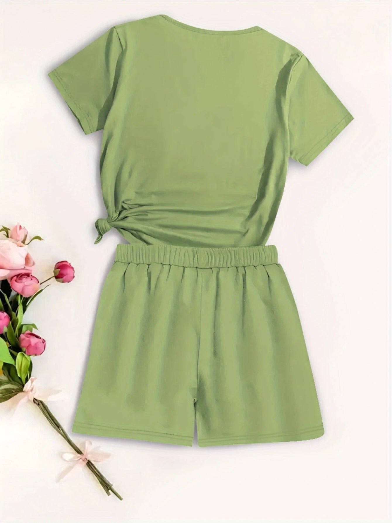 2pcs Women'S Casual Summer Outfit - Rave Graphic Print T-Shirt & Shorts Set, Light Green Polyester Blend, Round Neck, Short Sleeve, High-Waisted Shorts with Drawstring, Perfect for Casual Attire, High Waisted Shorts