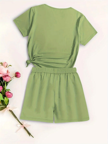 2pcs Women'S Casual Summer Outfit - Rave Graphic Print T-Shirt & Shorts Set, Light Green Polyester Blend, Round Neck, Short Sleeve, High-Waisted Shorts with Drawstring, Perfect for Casual Attire, High Waisted Shorts