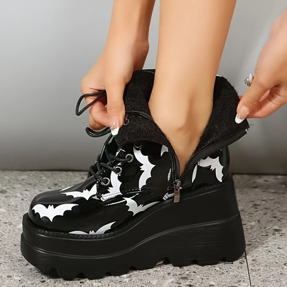 Women's Gothic Punk Chunky platform boots with metal eyelets & zip closure - Gothic rock style round-toe winter boots with thick PU sole, mid-heel lift, and chain-like straps - Heavy-duty synthetic Cover-like material for con