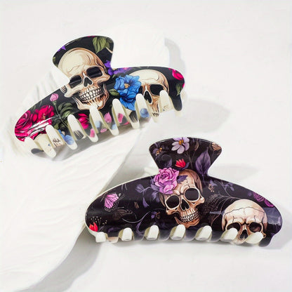 [Stylish Skull Hair Clips] 2pcs Stylish Women's Halloween Skull Hair Clips | Semi-High Back Scrunchies, Resin Shark Clips, Non-Slip Strong Fashionable Hair Accessories, Suitable for Festivals, Parties, Daily Use and Gifts