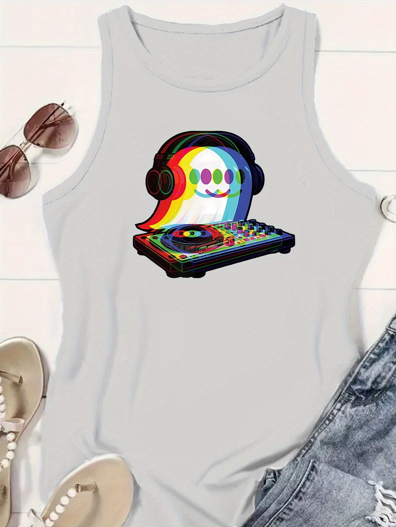 Women's Casual Sleeveless Tank Top with DJ Music Graphic Print - EDM Rave-Inspired Acid House & Psychedelic Pop Design, Stretchy Comfort Fit, Machine Washable for Clubbing, Festivals & Casual Attire, Ladies Tank Tops, Festiva