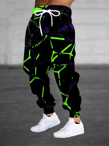 Men's 3D Neon Green Print Joggers - Black Casual Pants with Adjustable Drawstring Waist & Pockets, Regular Fit for Lounge, Gym, Casual Attire - Machine Washable, Adjustable Joggers | Trendy Joggers | Comfortable Fit