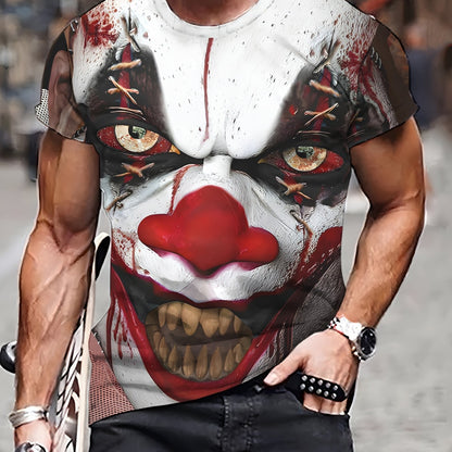 1pc Men's Pennywise Clown Costume T-Shirt - Pennywise Face & IT Movie-Inspired 3D Graphic Tee, Soft Stretchy Knit Fabric, Round Neck Short Sleeve Shirt for Horror Fans, Carnival Parties & Cosplay Events (Machine Washable) - C