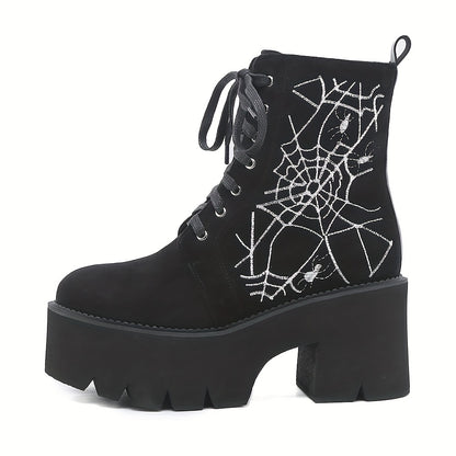 GDGYDH Women's Punk-Style Spiderweb Embroidered Ankle Boots with Chunky Heel, Lace-Up & Side Zipper - Comfortable All-Season Fashion Shoes