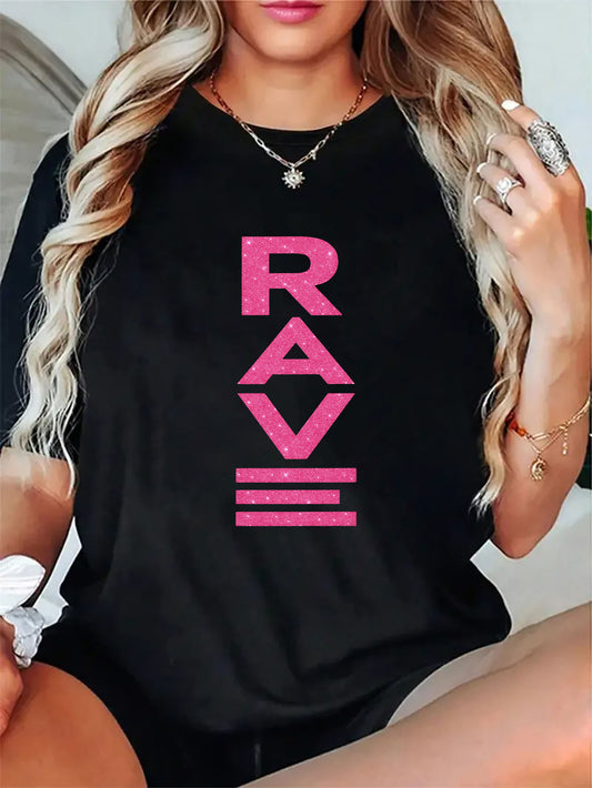 Women's Party T-Shirt - Bold RAVE Graphic Tee in Black & Pink, Casual Everyday & Nightlife Outfits, Birthday Festival Gift for Women & Teens - Machine Washable Top, Ladies T Shirts, Teenage Clothing, Nontransparent Fabric