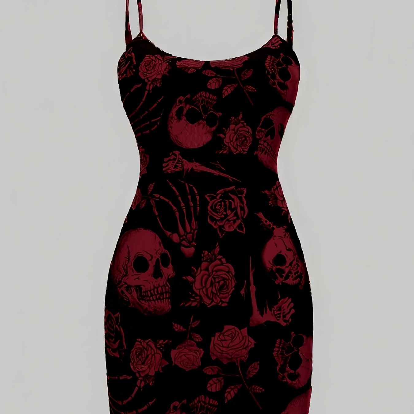 [Gothic Boho Mini Dress] Gothic Boho Women's Sleeveless Mini Dress | Black & White Skull & Floral Print, Spaghetti Strap, Round Neck, Machine Washable, Stretchy Party Outfit for Halloween, Casual & Themed Events