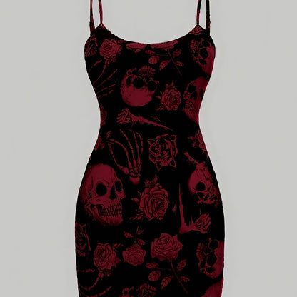 [Gothic Boho Mini Dress] Gothic Boho Women's Sleeveless Mini Dress | Black & White Skull & Floral Print, Spaghetti Strap, Round Neck, Machine Washable, Stretchy Party Outfit for Halloween, Casual & Themed Events
