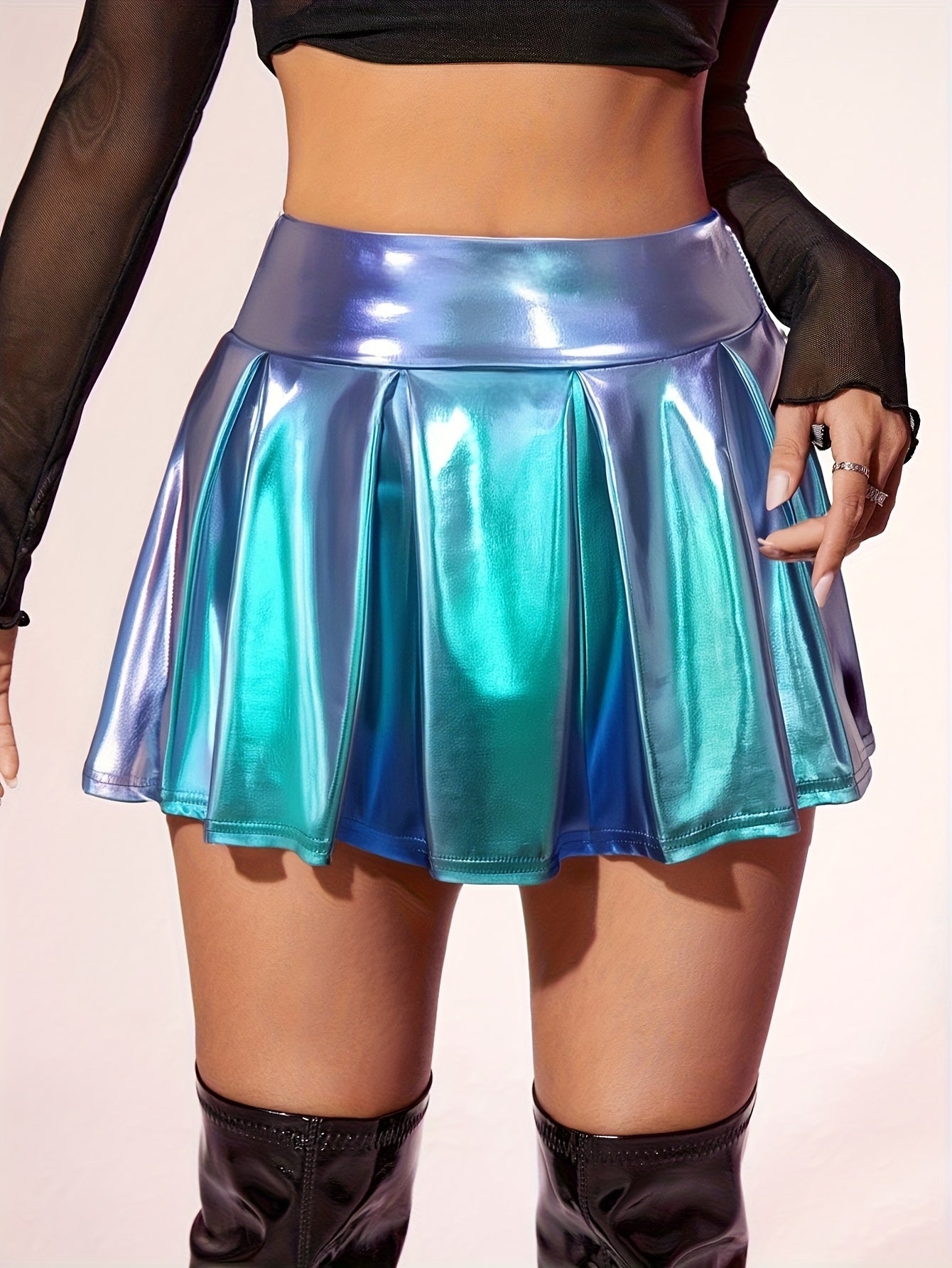 Women'S High-Waisted Pleated Mini Skirt - Gradient Blue to Purple, Stretchy & Form-Fitting, Perfect for Casual or Party Wear, Spring/Summer/Fall, High Waisted Skirt