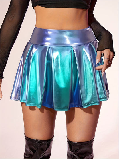 Women'S High-Waisted Pleated Mini Skirt - Gradient Blue to Purple, Stretchy & Form-Fitting, Perfect for Casual or Party Wear, Spring/Summer/Fall, High Waisted Skirt