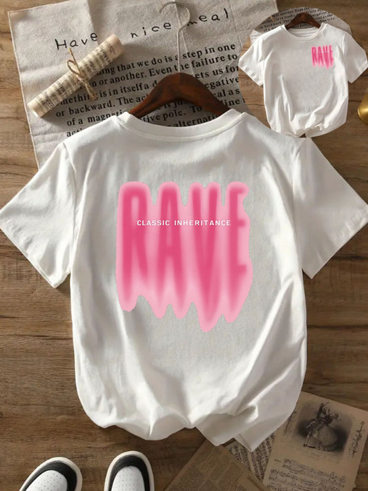 CLASSIC INHERITANCE Women's Casual Short Sleeve T-Shirt with Front & Back RAVE Slogan Print, White with Pink Lettering, Relaxed Fit Round Neck, Machine Washable All-Season Comfort, Summer Clothing, Modern Aesthetic, Smooth Te