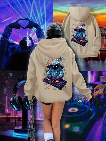 Women's Neon DJ Graphic Hoodie - Music Festival Sweatshirt with Back Print, Pullover Hooded Sweatshirt for Raves, Concerts, Winter Parties - Machine Washable Cold Weather Clothing, Comfortable Drawstring Hood, Rave Outfit, St