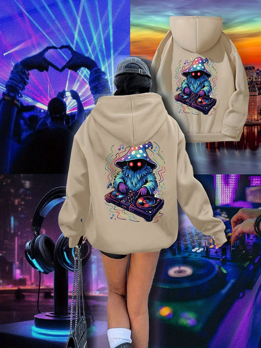 Women's Neon DJ Graphic Hoodie - Music Festival Sweatshirt with Back Print, Pullover Hooded Sweatshirt for Raves, Concerts, Winter Parties - Machine Washable Cold Weather Clothing, Comfortable Drawstring Hood, Rave Outfit, St