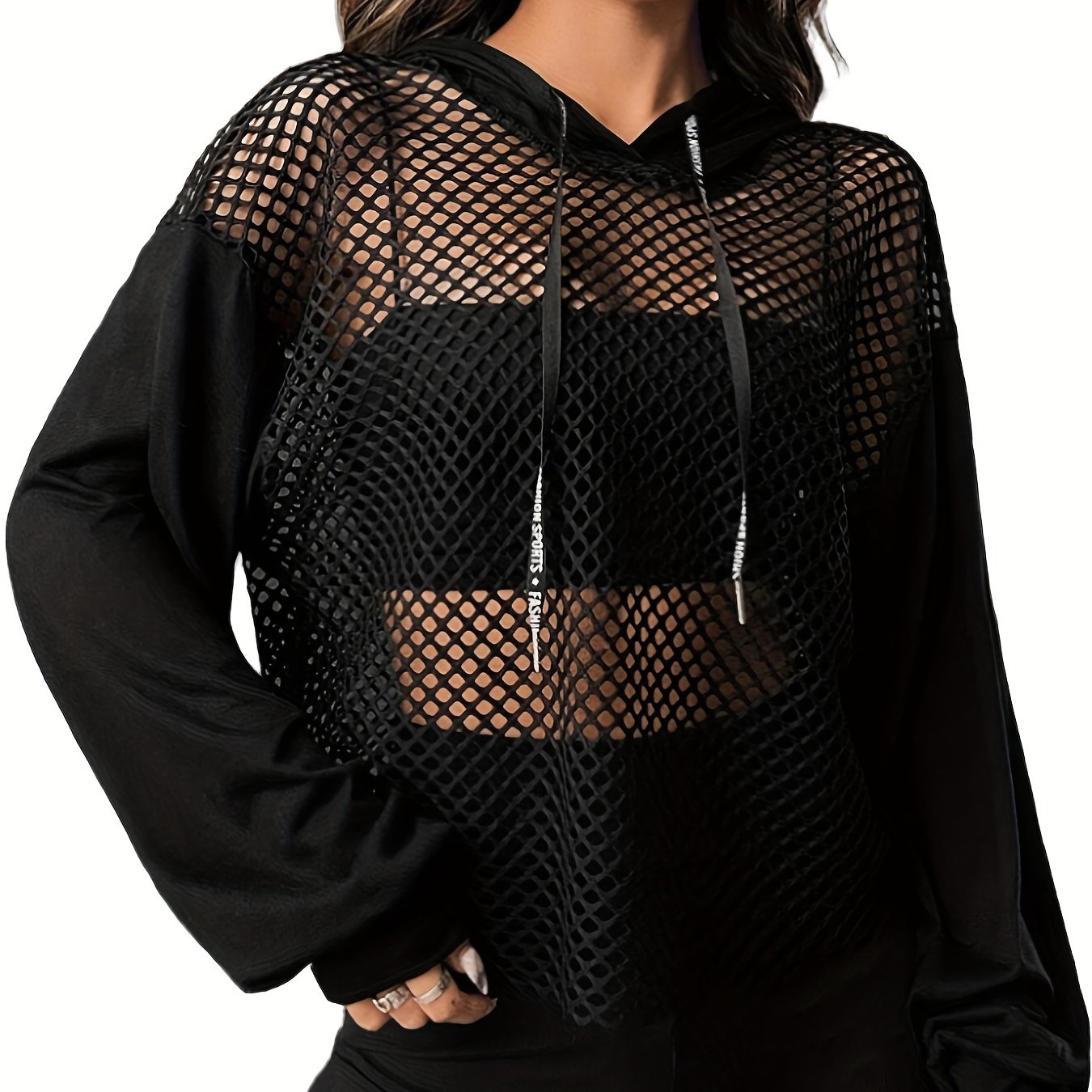 Hollow Out Drawstring Hoodies, Sexy Solid Long Sleeve Sweatshirt, Women's Clothing