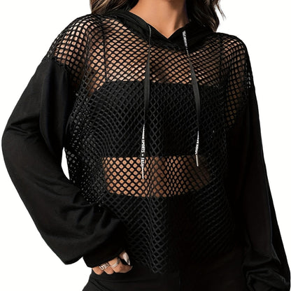 Hollow Out Drawstring Hoodies, Sexy Solid Long Sleeve Sweatshirt, Women's Clothing