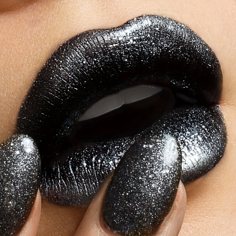 Black Sparkle Long-Lasting Lipstick - Shiny Pearlescent Finish, Moisturizing Paste Form, Universal Skin Compatibility, Lightweight ≤300g Perfect for Halloween & Christmas Gifts