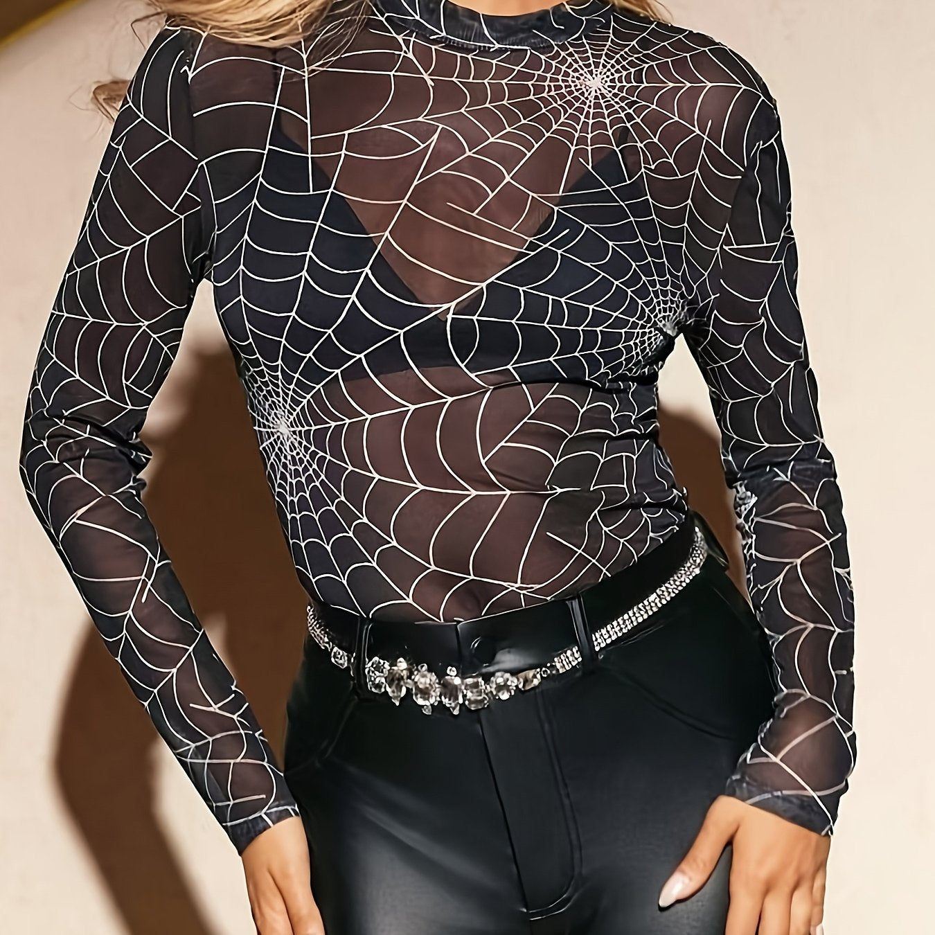 [Sexy Sheer Mesh Top] Sexy Sheer Mesh Women's Spider Print Top | Long Sleeve Round Neck Blouse, Stretchy Polyester & Spandex Blend, Machine Washable, Versatile Casual to Evening Wear for Spring Summer Fall