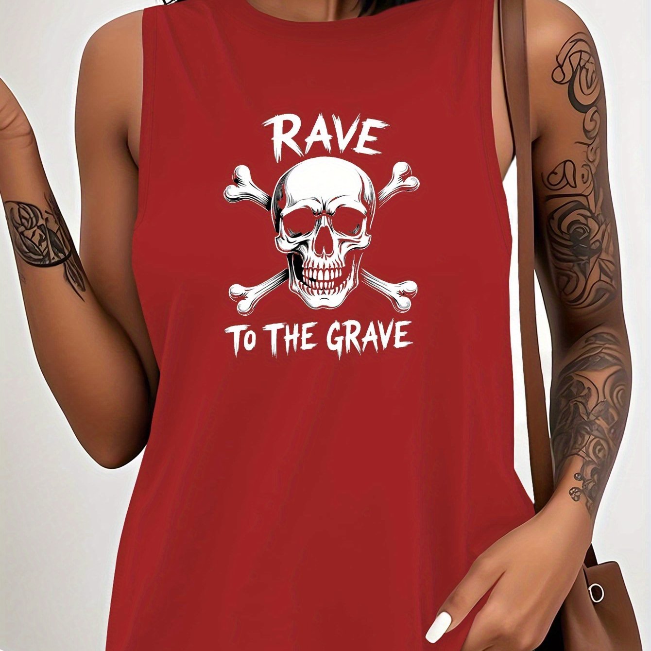 Rave to The Grave Skull & Crossbones Graphic Women's Sleeveless Vest - Edgy Casual Round Neck Top, Machine Washable All-Season Wear for Parties & Everyday Outfits, Party Apparel, Bold Pattern, Edgy Fashion, Bold Print Quality