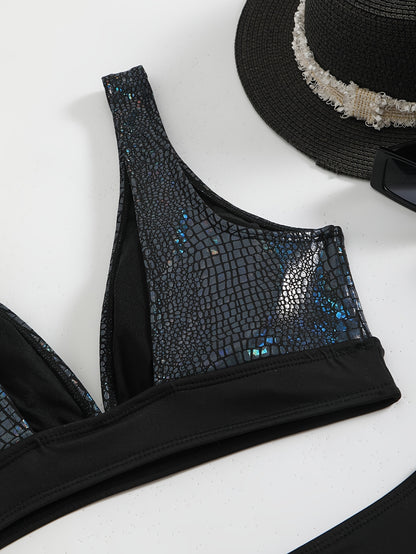 Chic Women'S Snakeskin Print Bikini Set - High Stretch, V-Neck, Stretchy Polyester/Spandex Blend, Machine Washable - Ideal for Music Festivals & Beach Parties, Beach Attire|Vibrant Print Top|Snakeskin Patter