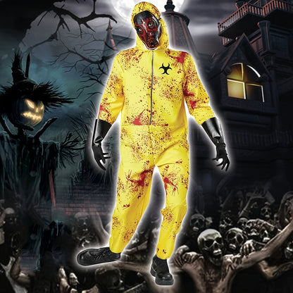 1 Set Full Zombie Costume with Gas Mask & Splatter Effects - Neon Yellow & Red Blood-Splattered Outfit, Hazmat Suit Design with Black Gloves - Easy-to-Wear Outfit for Halloween Costumes, Themed Parties & Horror Events (No Mas
