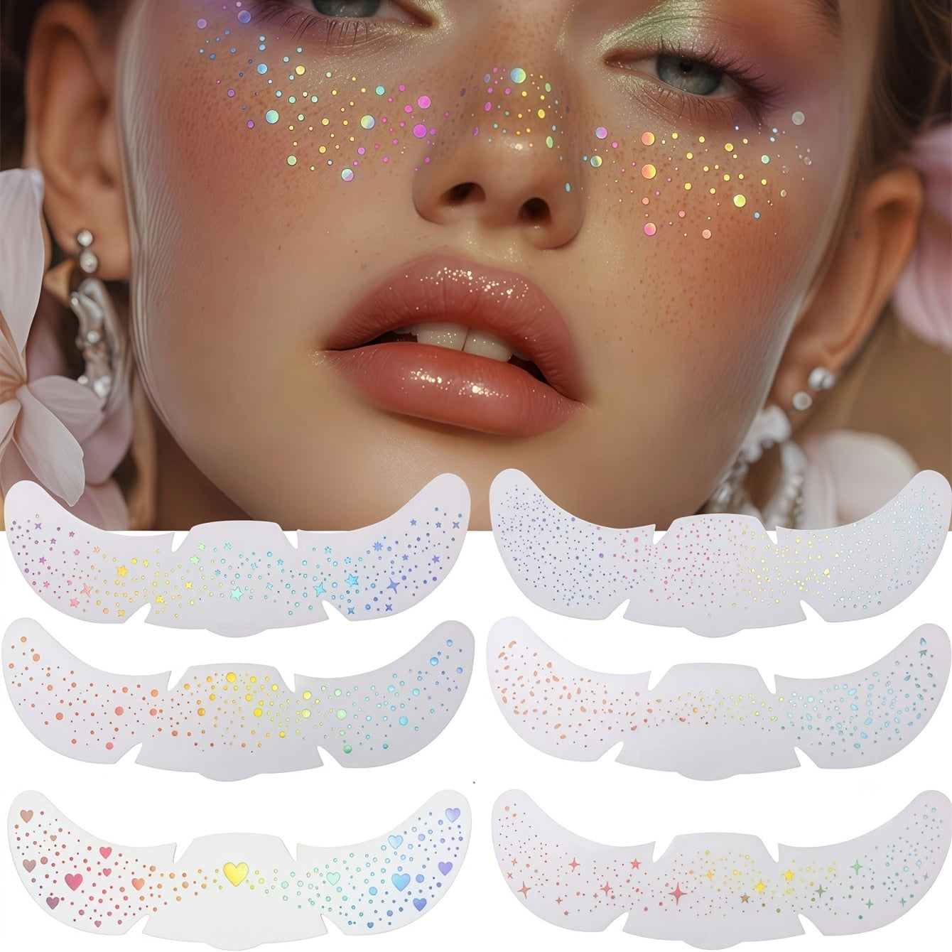 6 Sheets Glitter Freckles Holographic Stickers Heart Freckle Tattoos Glitter Stickers Waterproof Temp Tattoos with Glittery Star Heart Dot Pattern for Party Festival Daily Makeup