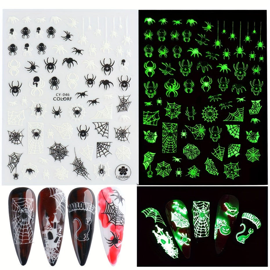 6pcs Glow-In-The-Dark Halloween Nail Art Stickers - Self-Adhesive, Reusable Decals With Skulls, Ghosts, Pumpkins & Spiders For Festive Manicure