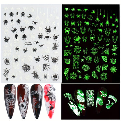 6pcs Glow-In-The-Dark Halloween Nail Art Stickers - Self-Adhesive, Reusable Decals With Skulls, Ghosts, Pumpkins & Spiders For Festive Manicure