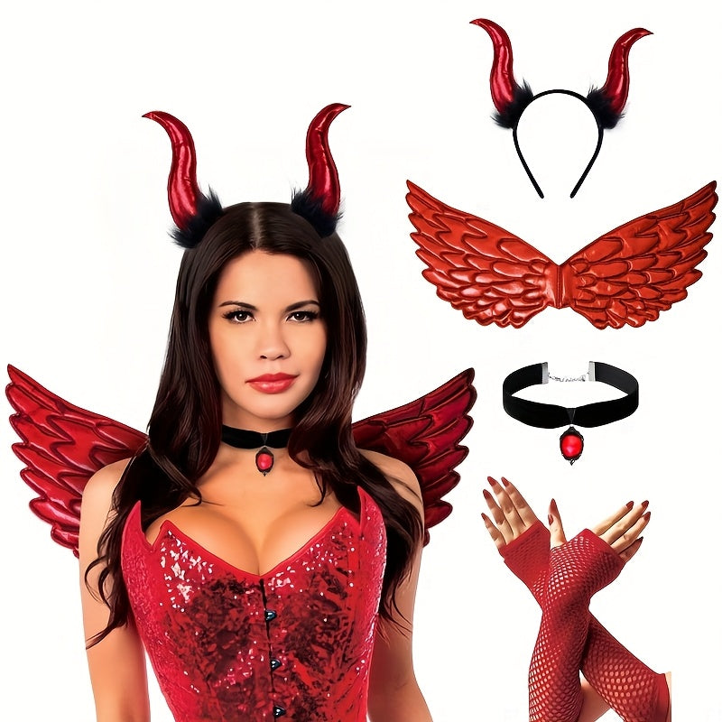 [Halloween] 4pcs Halloween Devil Costume Set, Red Sexy Halloween Costumes Demon Horn Headband, Demonic Wings, Antique Like Pendant Collar Necklace, Lace Arm Sleeves Cosplay Costume Accessories for Women