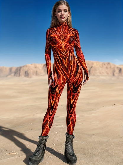 [Halloween] Women's Halloween Cosplay Costume 3D Flame Geometric Print Bodycon Jumpsuit Sexy, High Neck, Long Sleeve, Themed Party Dead Festival