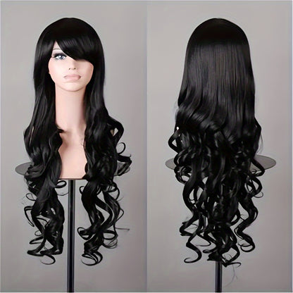 Luxurious Purple Long Wavy Halloween Wig for Women - Heat Resistant Synthetic Hair with Bangs, Adjustable Cap, Perfect for All Ethnicities