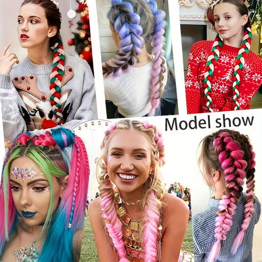 2pcs Festive Ombre Jumbo Braiding Ponytail Extensions, 26-Inch Synthetic High Temperature Fiber Hair with Elastic Band for Women & Girls - Ideal for Christmas & Holiday Celebrations, Hair Accessories