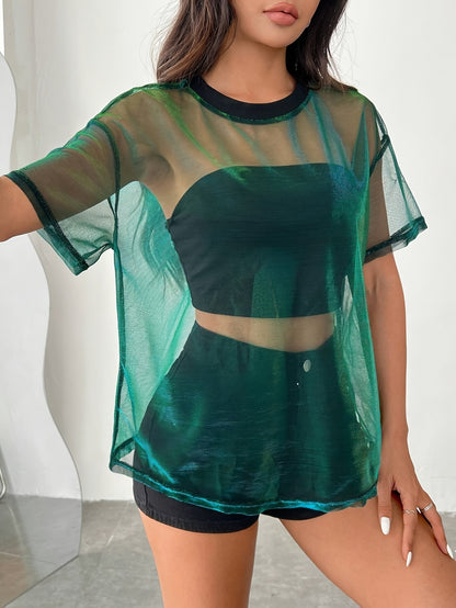 Women's Gradient Color Mesh Panel Summer T-Shirt - Elegant Loose Fit Round Neck Semi-Sheer Top for Casual & Evening Wear, Breathable Spring/Summer Fashion, Summer T Shirts, Spring Fashion, Stylish Semisheer, Elegant Mesh Desi