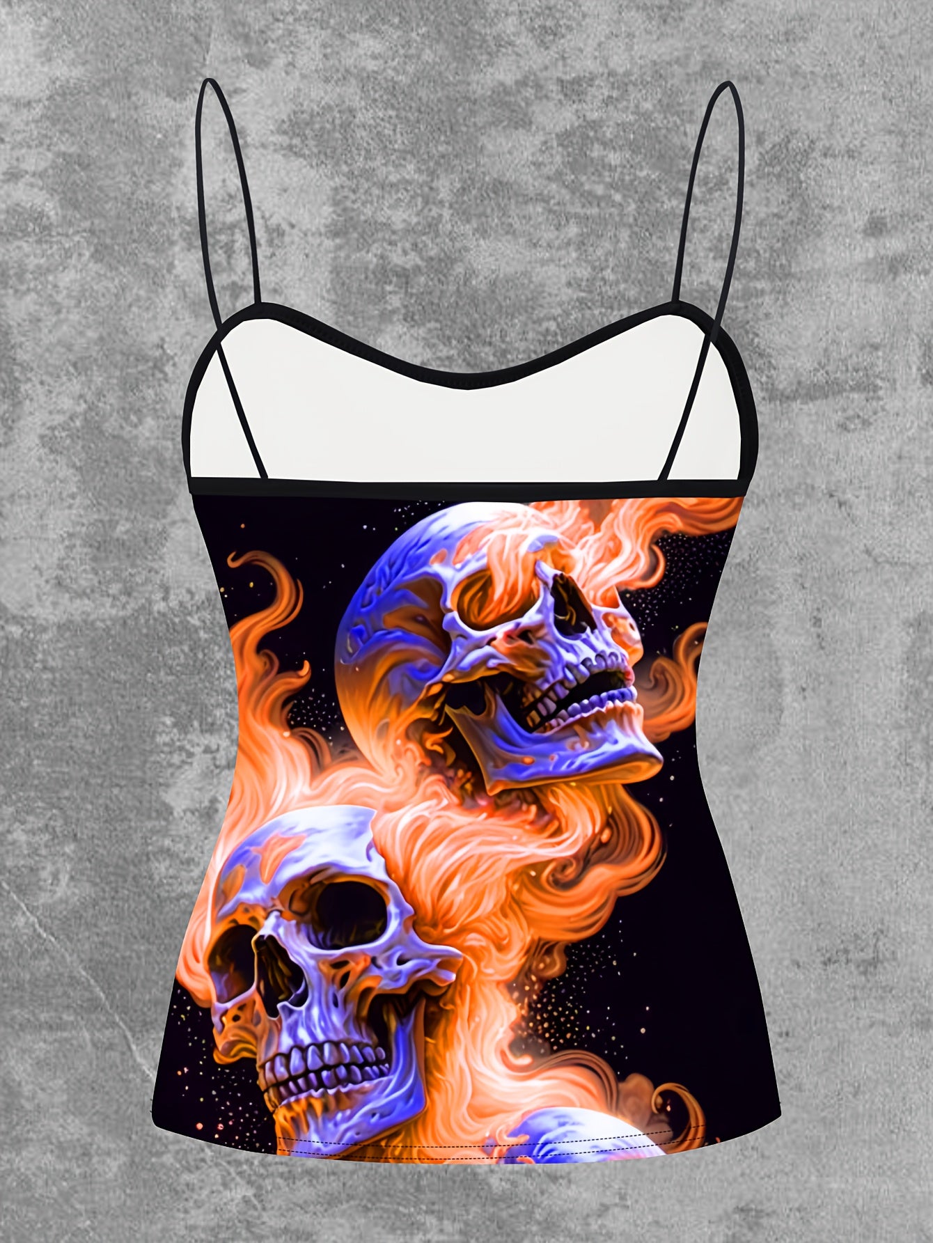 Women's Gothic Pink Flame Skull Graphic Cami Top - Elegant Sleeveless Spaghetti Strap Shirt, Machine Washable, Stretch Fabric, Perfect for Spring/Summer/Fall, Casual Wear | Edgy Chic | Medium Stretch