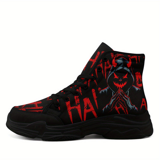 [Devil Graphic Sneakers] Men's Plus Size Devil Graphic High-Top Sneakers - Lightweight, Breathable Lace-Up Trainers with TPR Sole | Comfortable Walking Shoes for Halloween, Casual Outdoor Wear, All-Season Use, Trendy Footwear