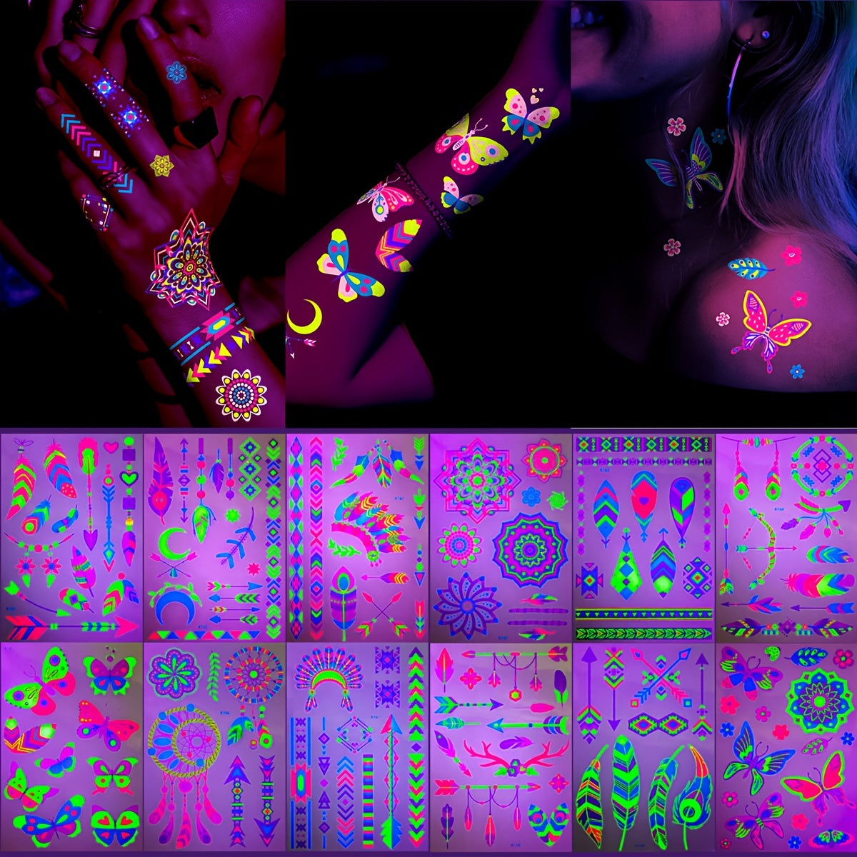 12 Sheets NeonGlow in the Light Temporary Tattoos