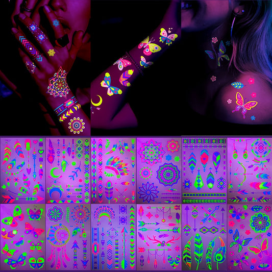 12 Sheets NeonGlow in the Light Temporary Tattoos