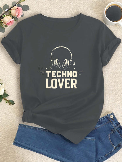 Women'S "Techno Lover" Graphic T-Shirt - Green Casual Crew Neck Tee with Headphones Design, Short Sleeve for Spring & Summer, Casual Attire|Playful Print|Comfortable Fit, Techno Tshirt