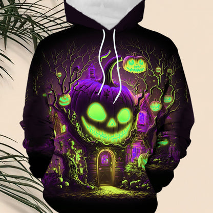 Men's Halloween Hoodie - Pumpkin Graphic Pullover Sweatshirt with Glowing Jack-O'-Lanterns, Hooded Long Sleeve Hoodie for Costume Parties & Casual Attire (Machine Washable) - Fall & Spring Outfits