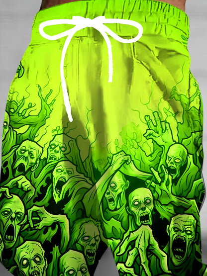 Men's 3D Zombie Horde Print Joggers - Neon Green Casual Pants with Drawstring Waist & Pockets, Full-Body Graphic Design, Regular Fit for Lounge, Gym, or Streetwear - Machine Washable, Jogging Pants, Adjustable Comfort Fit
