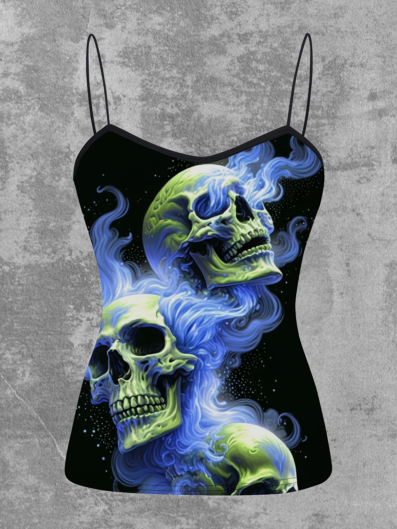 Women's Gothic Pink Flame Skull Graphic Cami Top - Elegant Sleeveless Spaghetti Strap Shirt, Machine Washable, Stretch Fabric, Perfect for Spring/Summer/Fall, Casual Wear | Edgy Chic | Medium Stretch