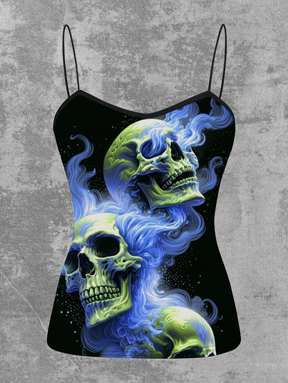 Women's Gothic Pink Flame Skull Graphic Cami Top - Elegant Sleeveless Spaghetti Strap Shirt, Machine Washable, Stretch Fabric, Perfect for Spring/Summer/Fall, Casual Wear | Edgy Chic | Medium Stretch