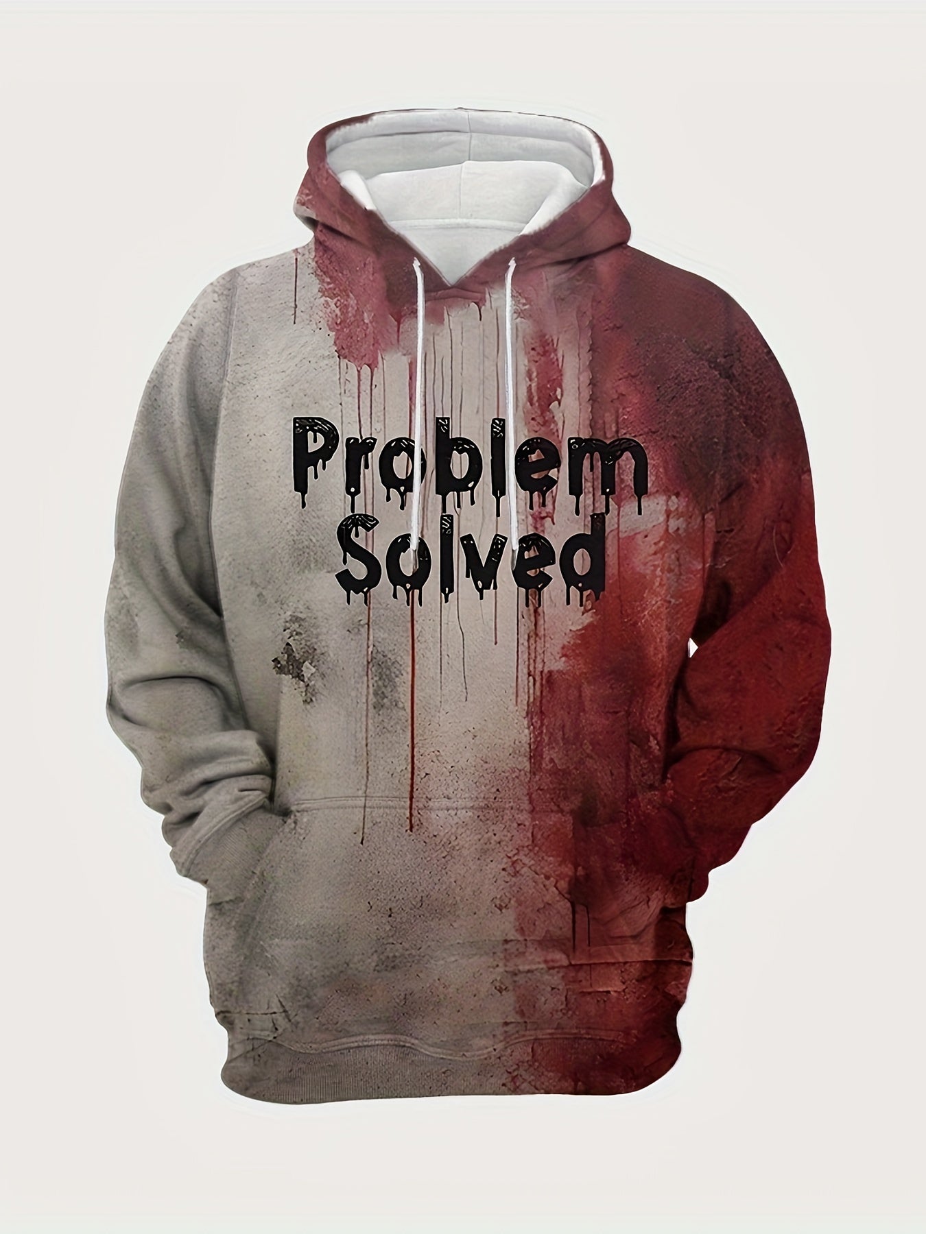 Men'S 3D Halloween Print Hoodie - "Problem Solved" Graphic, Red & Gray, Casual Streetwear with Drawstring Hood, Perfect Gift for Relatives, Siblings, or Friends, Halloween Clothes