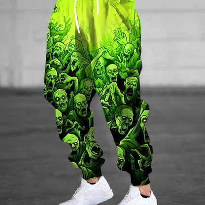 Men's 3D Zombie Horde Print Joggers - Neon Green Casual Pants with Drawstring Waist & Pockets, Full-Body Graphic Design, Regular Fit for Lounge, Gym, or Streetwear - Machine Washable, Jogging Pants, Adjustable Comfort Fit
