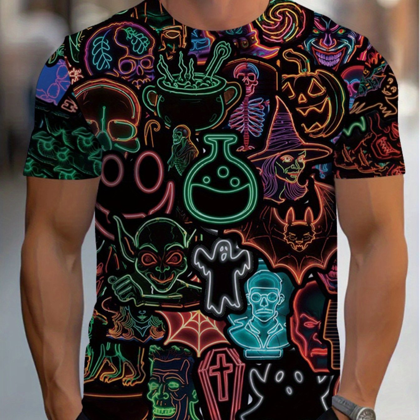 Men's Neon Glow-in-the-Dark Halloween Party T-Shirt - Spooky Ghosts, Bats, Pumpkins & Witches Hats Design - Durable Round Neck Tee for Bars, Clubs & Costume Events - Machine Washable Casual Festive Outfit, Bar And Wear, Holid