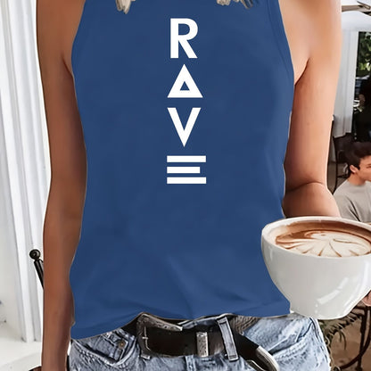 Women'S Casual RAVE Graphic Tank Top - Sleeveless, Round Neck, Light Brown with White Lettering, All-Season Fashion, Casual Attire|Bold Lettering Top|Durable Fabric