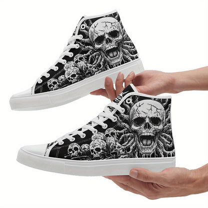 Men'S Plus Size Gothic Punk High-Top Sneakers with Skull Print, Black Casual Shoes for Streetwear & Everyday Comfort, Lace-Up Round Toe Design, Rubber Sole, Fabric Upper, Perfect for Parties, Concerts & Daily Wear, Everyday C
