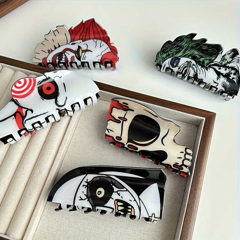 [Halloween Hair Accessories] 5pcs Halloween Hair Clips for Women - Shark, Skull, Pumpkin & More Themed Hairpins with Red Accents, Large Cartoon Design for Punk & Y2K Style, Perfect for Back of Head or Side Buns, Halloween Hai