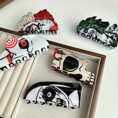 [Halloween Hair Accessories] 5pcs Halloween Hair Clips for Women - Shark, Skull, Pumpkin & More Themed Hairpins with Red Accents, Large Cartoon Design for Punk & Y2K Style, Perfect for Back of Head or Side Buns, Halloween Hai