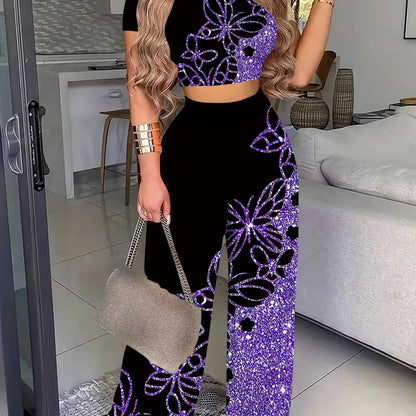 Elegant 3D Floral Print Crop Top & Glittery Purple Pants Set - Sexy, Stretchy Polyester, All-Season Wear, Perfect for Casual or Stylish Outfits, Seasonal Fashion | Floral Print Top | Glittery Legging