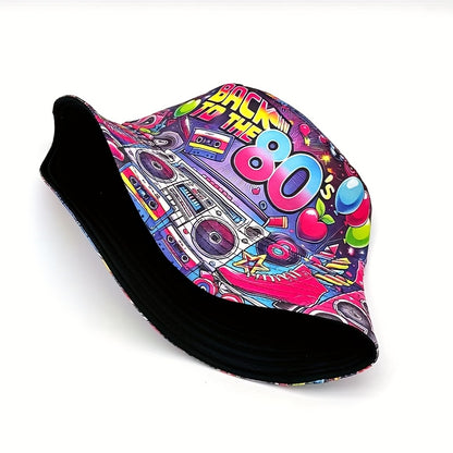 1pc "Back to the 80s" Retro Hip-Hop Bucket Hat - Vibrant Neon & Retro Graphic Design, Lightweight Polyester, Machine Washable, Perfect for Parties, Outdoor Events, and Gifts, Outdoor Headwear | Retro Hip Hop Style | Durable H